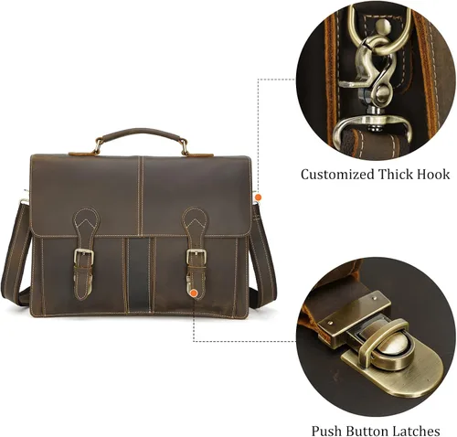 Miniatura 7 de Polare - Bolsa de mensajero de cuero de grano completo de 16 pulgadas para computadora portátil, bolsa de trabajo profesional para hombres