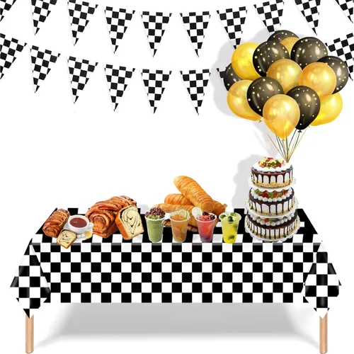 Miniatura 7 de Kesfey Paquete de 3 manteles de plástico de coche de carreras, 54 x 108 pulgadas, suministros para fiesta de cumpleaños, mantel de pista