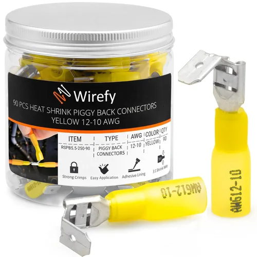 Wirefy 90 conectores de pala termorretráctiles – Conectores de alambre de 3 vías – Conectores de doble pala – Terminales de desconexión rápida –