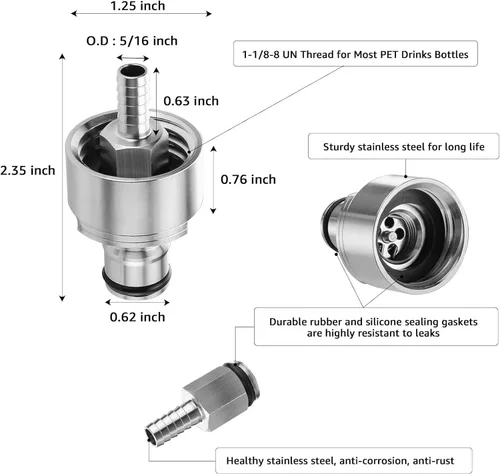 Miniatura 3 de Kit de tapa de carbonatación de acero inoxidable de 5 pies para botella de PET con regulador de CO2, grifo de barril con diámetro exterior