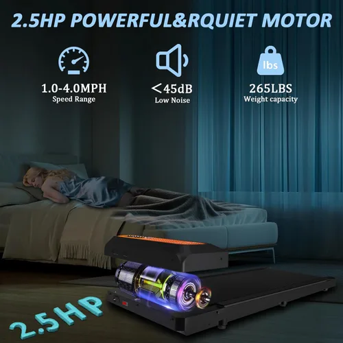Miniatura 7 de Caminadora con inclinación, caminadora debajo del escritorio para oficina en casa, almohadilla plegable compacta de 2.5 HP, capacidad de 265 libras