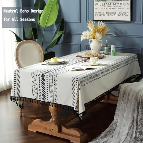 Miniatura 2 de Colorigan Mantel rectangular de lino de algodón con diseño boho, mantel de mesa de granja, mantel oblongo, sin arrugas, para interiores y Lino Crema