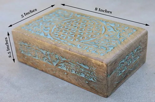 Miniatura 5 de DharmaObjects Caja de almacenamiento de madera tallada a mano (turquesa, grande)