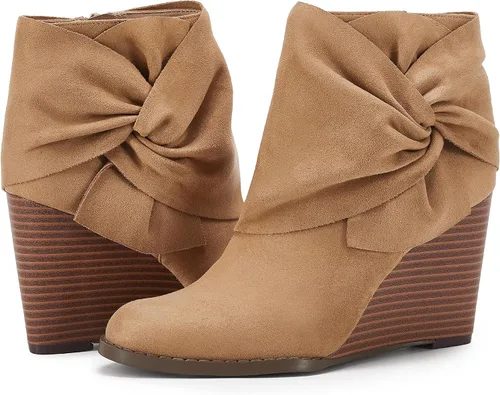 Miniatura 2 de Fashare Botines de cuña para mujer, tacón de lazo, tacón apilado, zapatos de vestir de invierno, Negro, Café