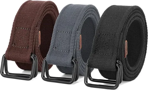 Miniatura 8 de JASGOOD Cinturones de tela de lona para hombre, cinturones casuales de tela con hebilla de doble anillo negro, paquete de 2