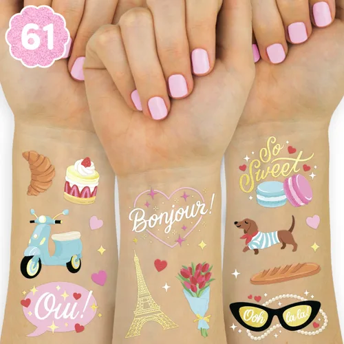 xo, Fetti Tatuajes temporales para fiestas temáticas de París, 61 estilos de aluminio, decoraciones de cumpleaños parisinas, accesorio de fiesta Ooh