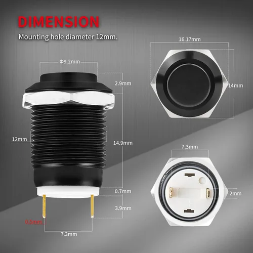 Miniatura 4 de DaierTek - Interruptor de botón de encendido y apagado, 0.472 in CC, 4 pines, 12 V, impermeable, interruptor de metal con arnés de cableado y luz