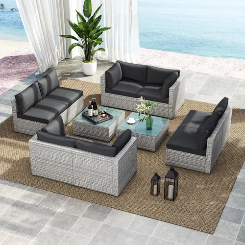 Miniatura 13 de Tangkula Juego de muebles de mimbre de patio de 7 piezas, juego de sofá modular de ratán para 6 personas con cojines de asiento y respaldo, 2 Azul