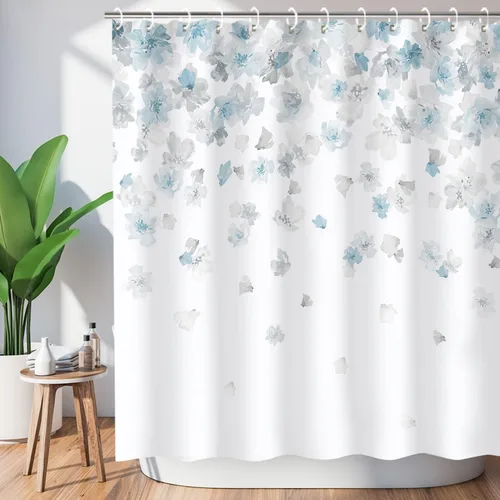 Miniatura 17 de LIVILAN Cortina de ducha con flores rosas y grises, cortinas de ducha florales de acuarela con ganchos, tela blanca y gris, decoración de baño