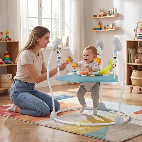 Miniatura 7 de BABY JOY Centro de actividades para bebés, puentes y gorilas con música, asiento giratorio de 360°, 3 alturas ajustables, centro de actividades Azul