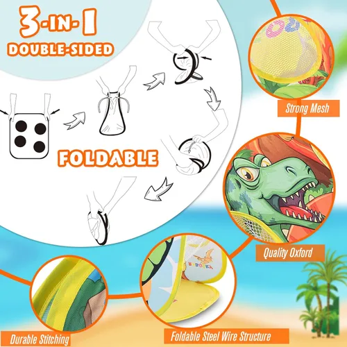 Miniatura 5 de RaboSky 3 en 1 Juego de lanzamiento de dinosaurio para niños con 6 bolsas de frijoles de frutas, 2 hachas de lanzamiento, 6 bolas adhesivas