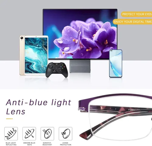 Miniatura 5 de FONHCOO - Gafas de lectura para mujeres y hombres, gafas de lectura con bloqueo de luz azul, metal, medio marco, lectores de computadora, anti