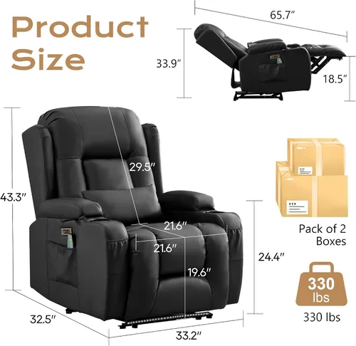 Miniatura 3 de URRED Silla reclinable eléctrica con masaje y calor para adultos, sofá reclinable eléctrico para cine en casa con luz ambiental, puertos USB