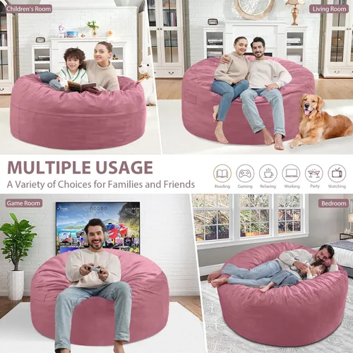 Miniatura 92 de Puf de 5 pies, puf grande con relleno de espuma viscoelástica, sofá puff esponjoso con funda de terciopelo holandés, puf redondo para sala de estar