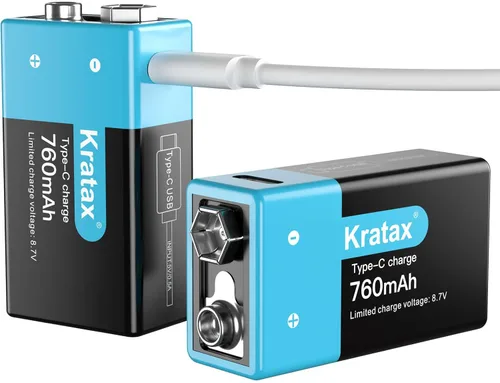 Kratax Baterías de litio recargables USB de 9 V, paquete de 2 baterías recargables de iones de litio de 760 mAh de 9 voltios con cable de carga