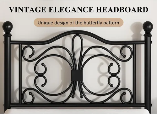 Miniatura 4 de E-Motie Base de cama de plataforma de metal tamaño individual con cabecero y estribo de diseño de mariposa/base de colchón/almacenamiento debajo