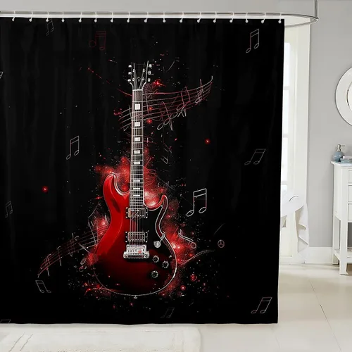 Cortina de ducha de guitarra roja, cortina de baño de música Hip Pop, decoración de baño para niños y niñas, cortina de baño de guitarra de moda de
