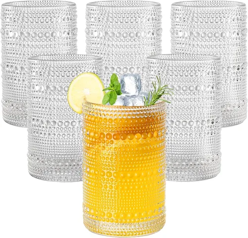 Amyoole Juego de 6 vasos para beber Hobnail de 15 onzas, vasos de agua transparentes vintage en relieve, vasos de cóctel para cerveza, whisky, jugo