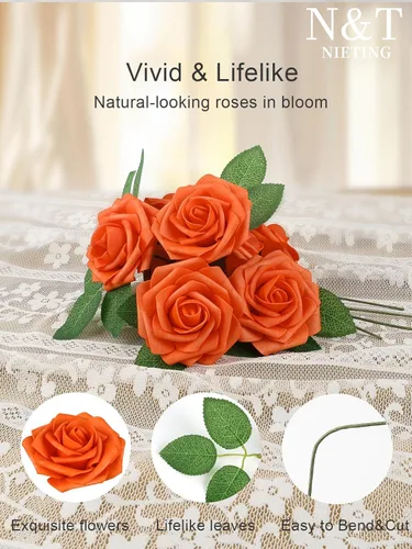 Miniatura 6 de N&T NIETING Flores artificiales de otoño, flores artificiales de rosas naranjas perfectas para bricolaje, ramos de boda, centros de mesa, fiesta