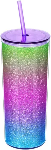 Vaso de acrílico de doble pared con pajilla, diseño de arcoíris y purpurina, 21 oz (morado)