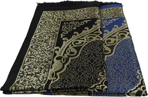 Miniatura 3 de Modefa Alfombra de oración islámica fina tejida de felpilla y tafetán turca Sajada diseño intrincado metálico (negro + azul)