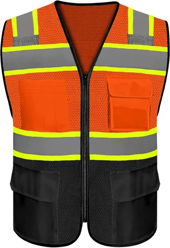 Miniatura 42 de Chaleco de seguridad reflectante de alta visibilidad con 5 bolsillos y cremallera clase 2 para adultos, unisex, ropa de trabajo de seguridad