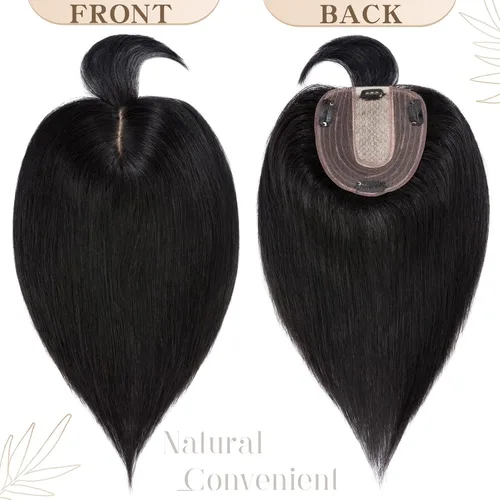 Miniatura 2 de S-noilite Toppers de cabello humano real con flequillo, postizo de clip con flecos, densidad del 130%, base de seda, 1.58 oz, 10 pulgadas, negro