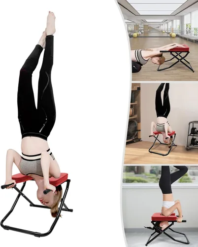 Miniatura 8 de Banco de inversión de yoga, banco plegable de yoga con almohadillas de poliuretano, soporte de cabeza, silla al revés para entrenamiento de Rojo
