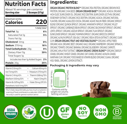 Miniatura 2 de Orgain Proteína en Polvo Orgánica Vegana de Reemplazo de Comidas, Dulce de Chocolate Cremoso - 20g Proteína a Base de Plantas, Sin Gluten, Sin
