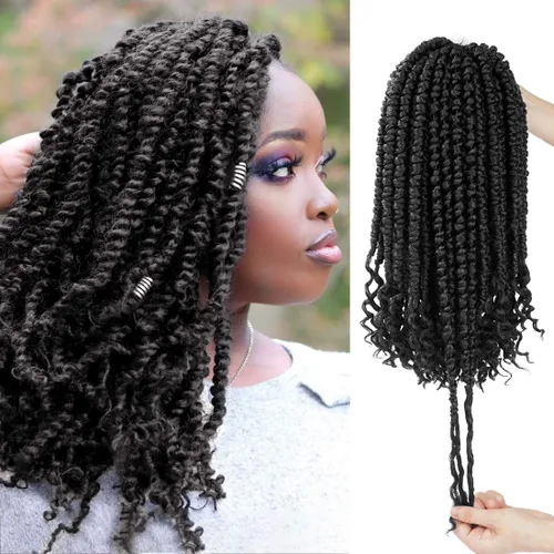 Miniatura 10 de Pelo de ganchillo senegalés pre primavera trenzado para mujeres negras, pelo sintético Passion Twist trenzado, pelo corto de 12 pulgadas rizado #1B