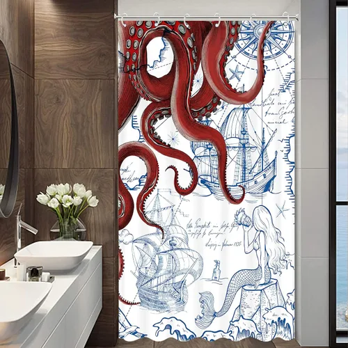 Miniatura 3 de Fungarth Cortina de Ducha Puesto Náutica de Pulpo Rojo Azul Marino Sirena Divertida Océano Kraken Cortinas de Ducha para Baño Ancla Genial Mapa