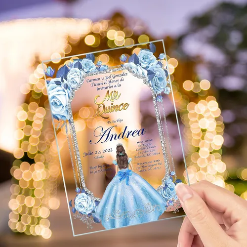 Miniatura 2 de Avior Invitación de Quinceañera Vestido Azul Bebé Invitación de Vidrio Acrílico, Mis Membrillo, Dulce 15, Dulce 16, Diseño Floral, XV Años, 15 años