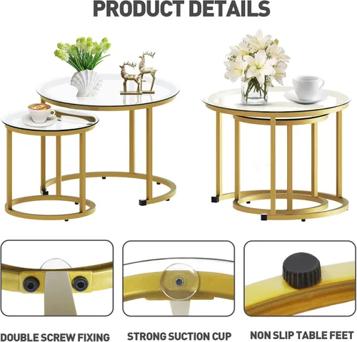 Miniatura 4 de aboxoo Juego de 2 mesas de centro anidables doradas, pequeñas mesas redondas de vidrio para sala de estar, dormitorio, mesa de té decorativa
