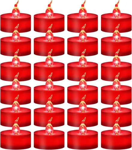 Paquete de 24 velas de té con llama parpadeante roja (fuente de luz LED roja), velas que funcionan con pilas para Navidad, boda, fiesta, día de San