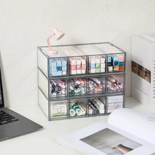 Miniatura 4 de Paquete de 3 cajones de almacenamiento de acrílico apilables, organizador de escritorio, cajas de almacenamiento de cosméticos transparentes, diseño