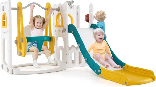 Miniatura 10 de Costzon Juego de Columpio y Tobogán 7 en 1 para Niños Pequeños, Conjunto de Juego Independiente con Tobogán para Niños Pequeños con Columpio, Aro