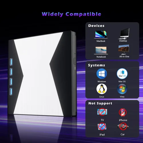Miniatura 5 de Wbacon Unidad externa de CD/DVD para portátil, reproductor de DVD para portátil, grabadora de CD ultrafina 8 en 1 con 4 puertos USB y 2 ranuras