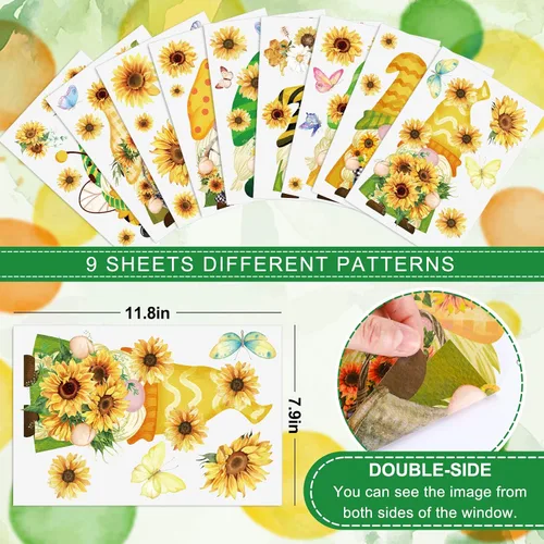 Miniatura 2 de Whaline Calcomanías para Ventana de Primavera Verano Gnomo Girasol Calcomanías de Ventana de Doble Cara Acuarela Mariposa Flor Calcomanía Pegatina