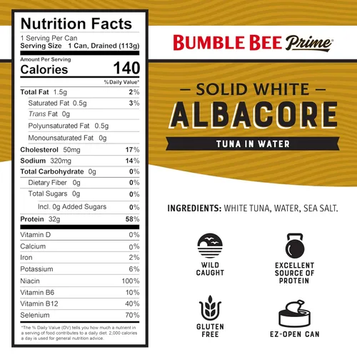 Miniatura 2 de Bumble Bee - Filetes de atún blanco sólido Prime en agua, atún capturado de forma salvaje de alta calidad - 31 g de proteína por porción - Proyecto