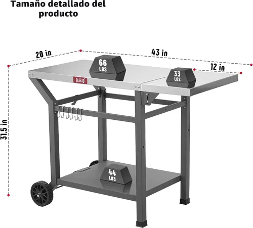 Miniatura 3 de Feasto Mesa de parrilla móvil con mesa auxiliar plegable, mesa para horno de pizza como carrito de preparación de alimentos para barbacoa con Gris