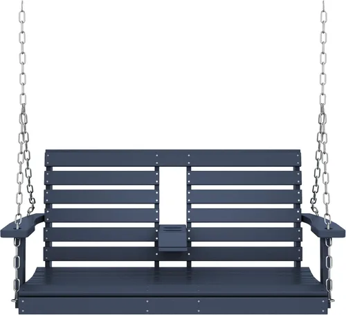 Miniatura 9 de KINGYES Columpio colgante para porche al aire libre, silla de columpio de patio de 2 asientos con portavasos, banco impermeable para patio y jardín