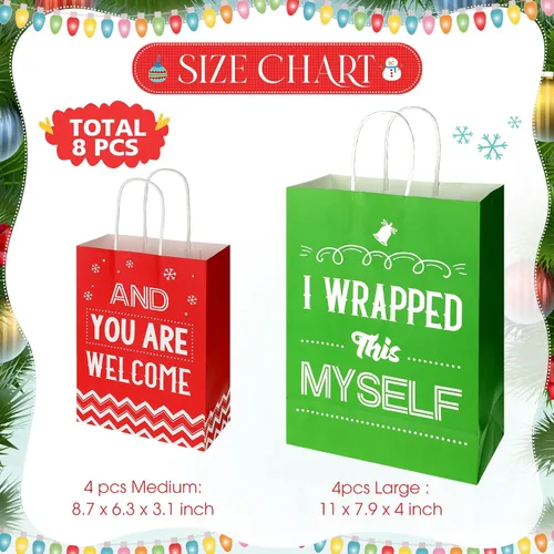 Miniatura 2 de Zonon 8 bolsas de regalo divertidas de Navidad con asas, bolsas de favor de fiesta de Navidad rojas y verdes con frases humorísticas, suministros