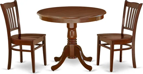 East West Furniture ANGR3-MAH-W - Juego de comedor de 3 piezas para espacios pequeños que contiene una mesa de comedor redonda con pedestal y 2