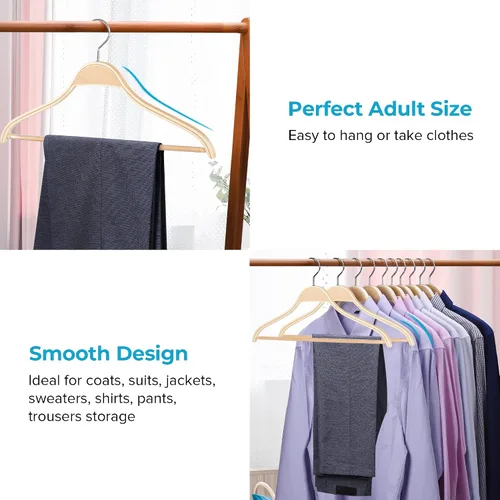 Miniatura 6 de JS Hanger Perchas de madera para abrigos, paquete de 10 perchas de madera ligera para abrigos/trajes con barra antideslizante para pantalones
