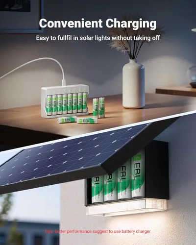 Miniatura 3 de EBL - Pilas solares AA recargables para luces solares de exterior, 1300 mAh NIMH precargadas 1,2 V, recargable hasta 1200 veces para luces de jardín