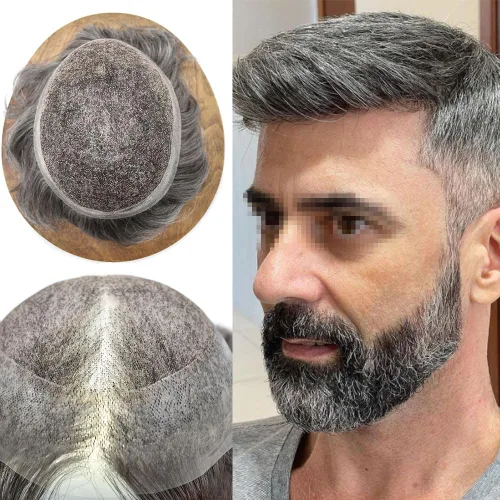 Miniatura 16 de Sistema de reemplazo de cabello de encaje francés para hombre, piezas de cabello de aspecto natural, color negro, marrón, rubio, gris, protesis