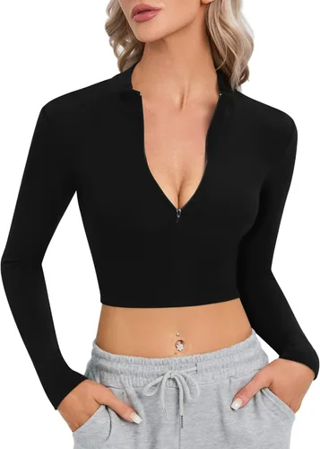 CLOZOZ Camiseta corta de manga larga con forro polar para mujer, cuello alto falso para mujer, sexy, con cremallera, camisetas térmicas recortadas
