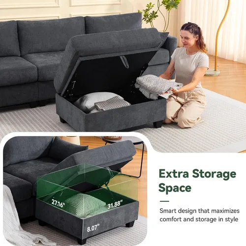 Miniatura 7 de Sofá modular de 109 pulgadas, sofá en forma de L con otomana de almacenamiento, cómodo sofá nube con asiento profundo, sofás seccionales Gris