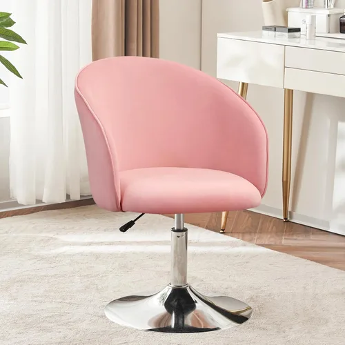 Furnimart Silla de Tocador de Terciopelo con Marco de Cromo, Altura Ajustable y Giratoria, Rosa - Sala de Estar, Dormitorio, Oficina Terciopelo