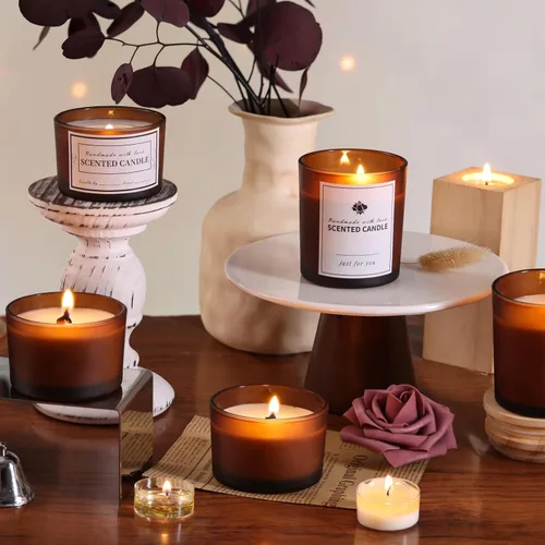 Miniatura 4 de Sunnyfuture Paquete de 16 tarros de vela de ámbar Forsted, 8 tarros de 7 onzas + 8 tarros de 4 onzas para hacer velas con tapas de madera y Ámbar